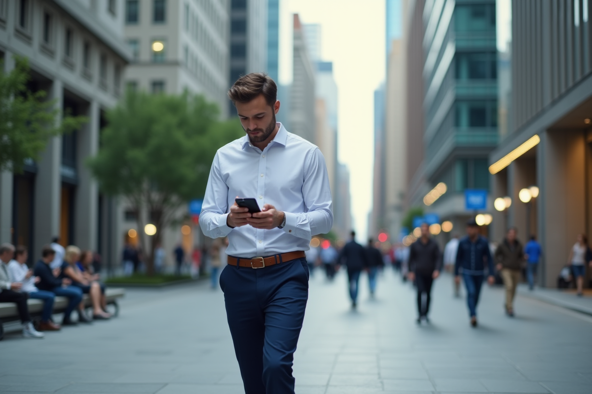 Jeune homme marchant dans une rue urbaine avec smartphone