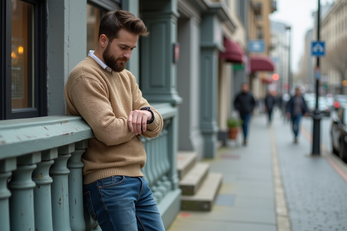 Jeune homme en extérieur vérifiant sa montre