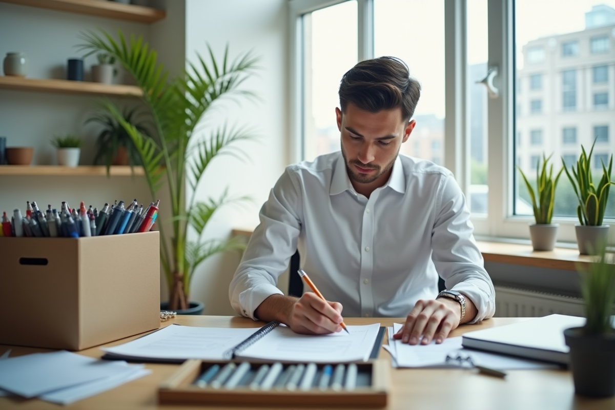 Jeune homme concentré à son poste de travail avec fournitures de bureau