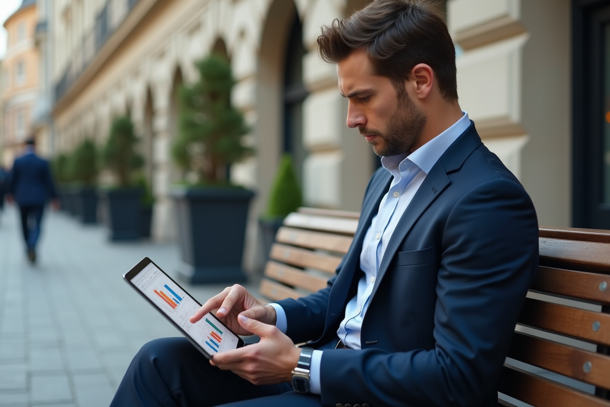 Jeune stratège marketing en ville avec tablette