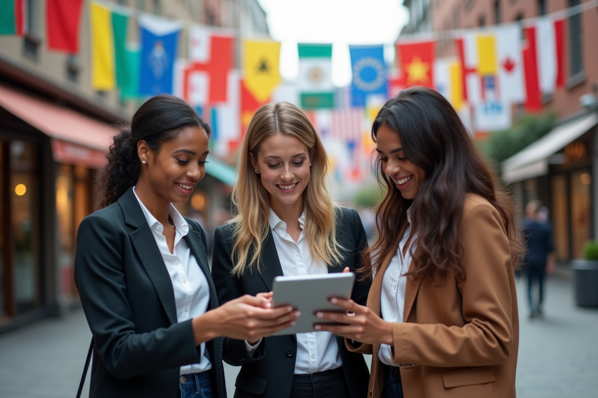 Groupe de jeunes entrepreneurs discutant en espace urbain