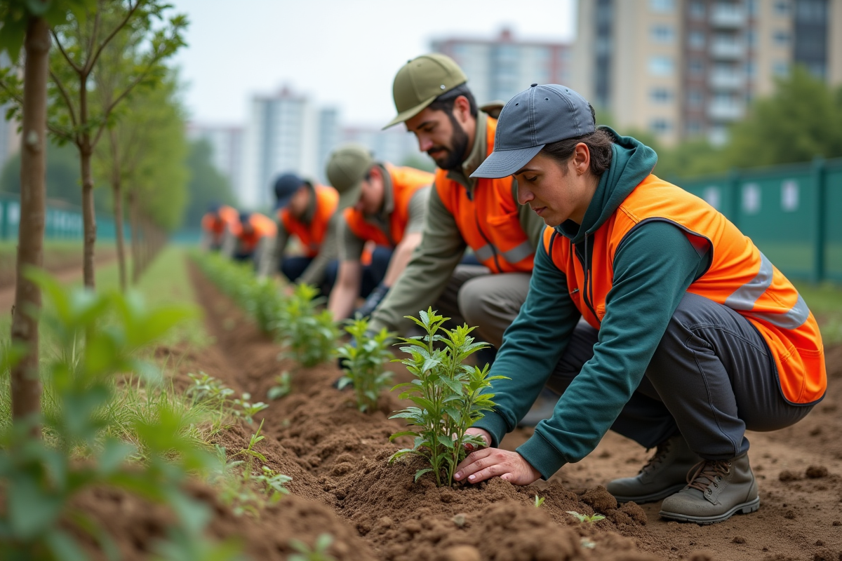 Groupe de jeunes plantant des arbres dans un espace vert urbain