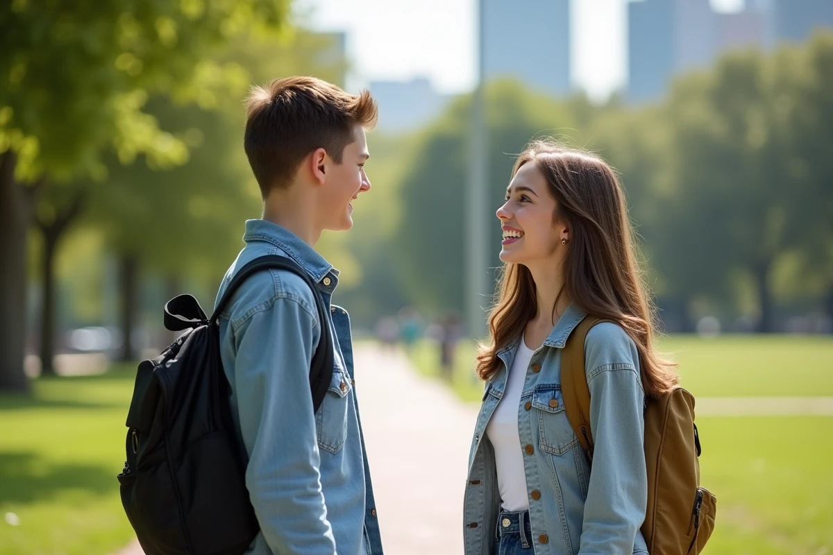 Deux adolescents souriants se saluant dans un parc ensoleille