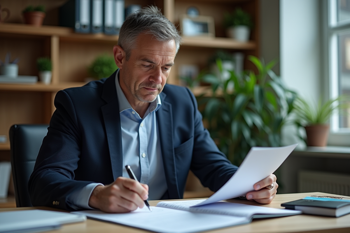 Manager RH examinant des documents de securite au bureau