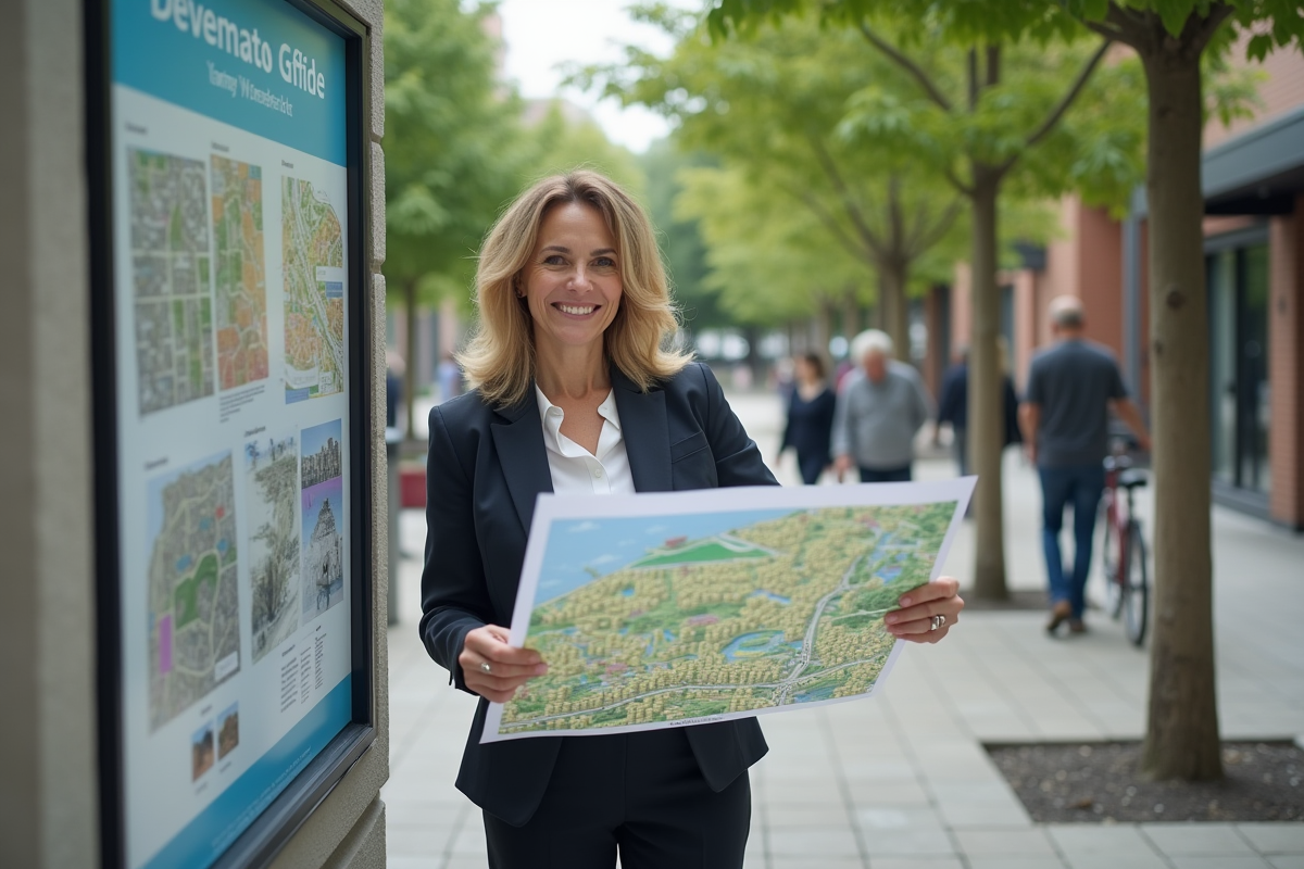 Femme accrochant une carte urbaine sur un panneau