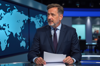 Présentateur homme en costume dans un studio télévisé