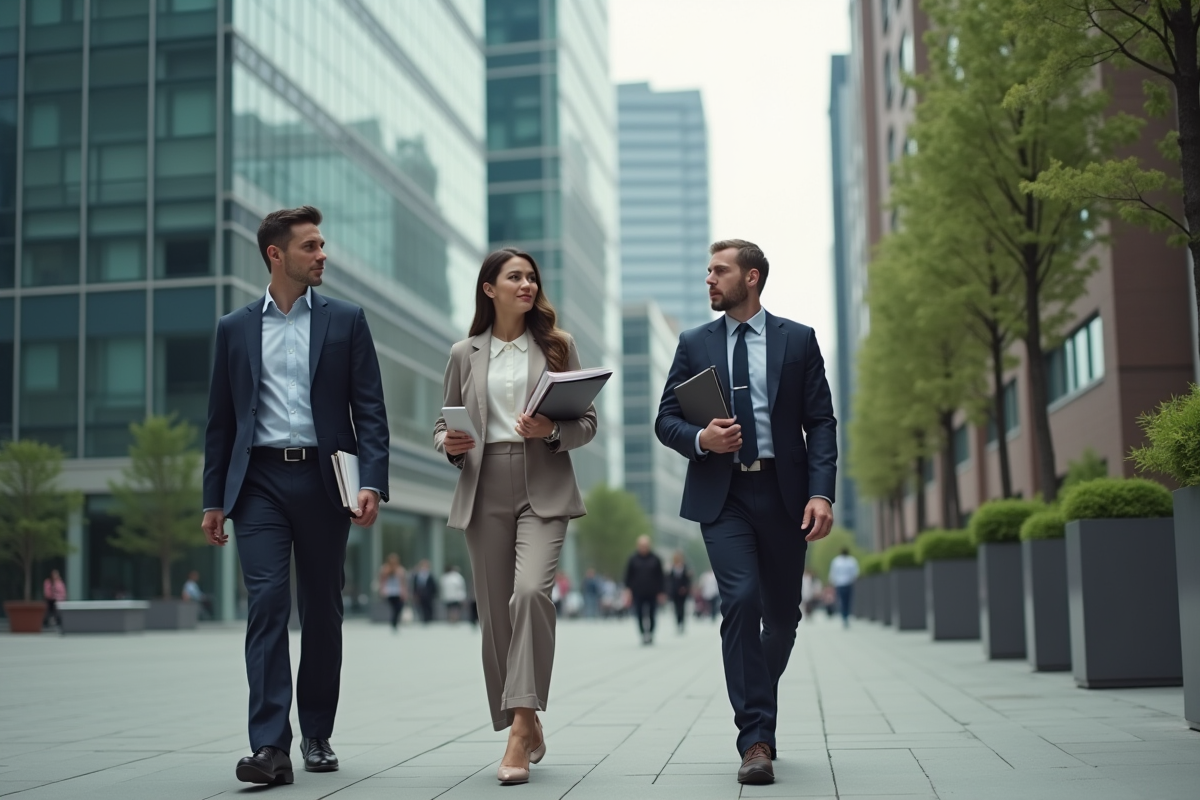 Groupe de professionnels marchant dans un quartier urbain