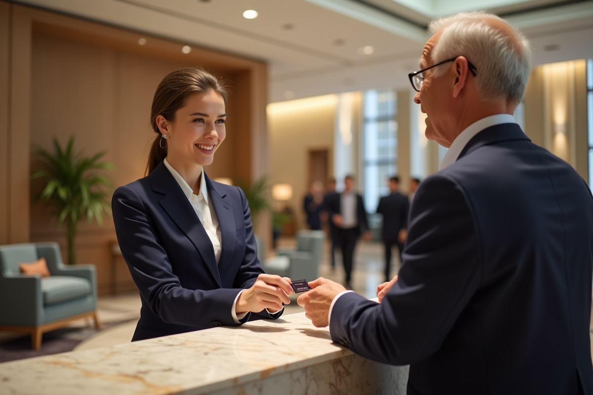 Réceptionniste remettant une clé à un client dans un hall d hôtel