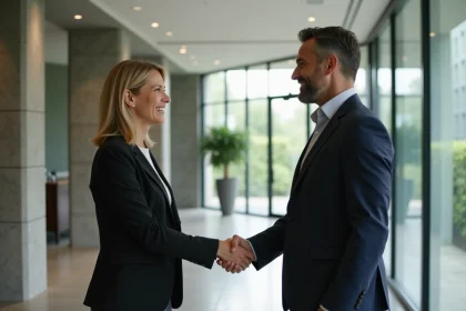 Femme d'affaires saluant un homme dans un hall moderne