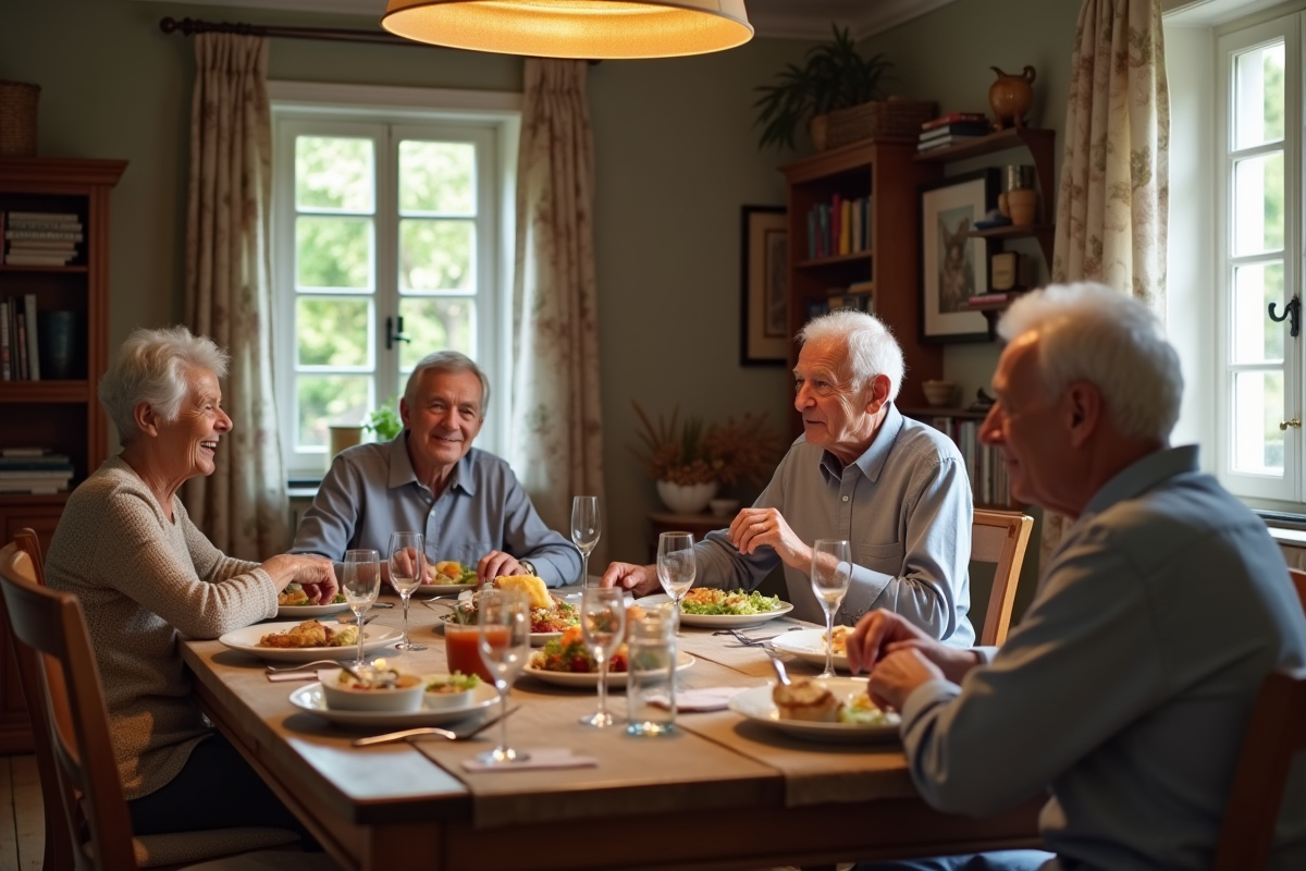 Famille âgée partageant un repas dans une maison rustique