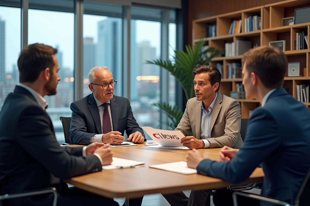 Groupe de quatre personnes en discussion dans une salle de réunion