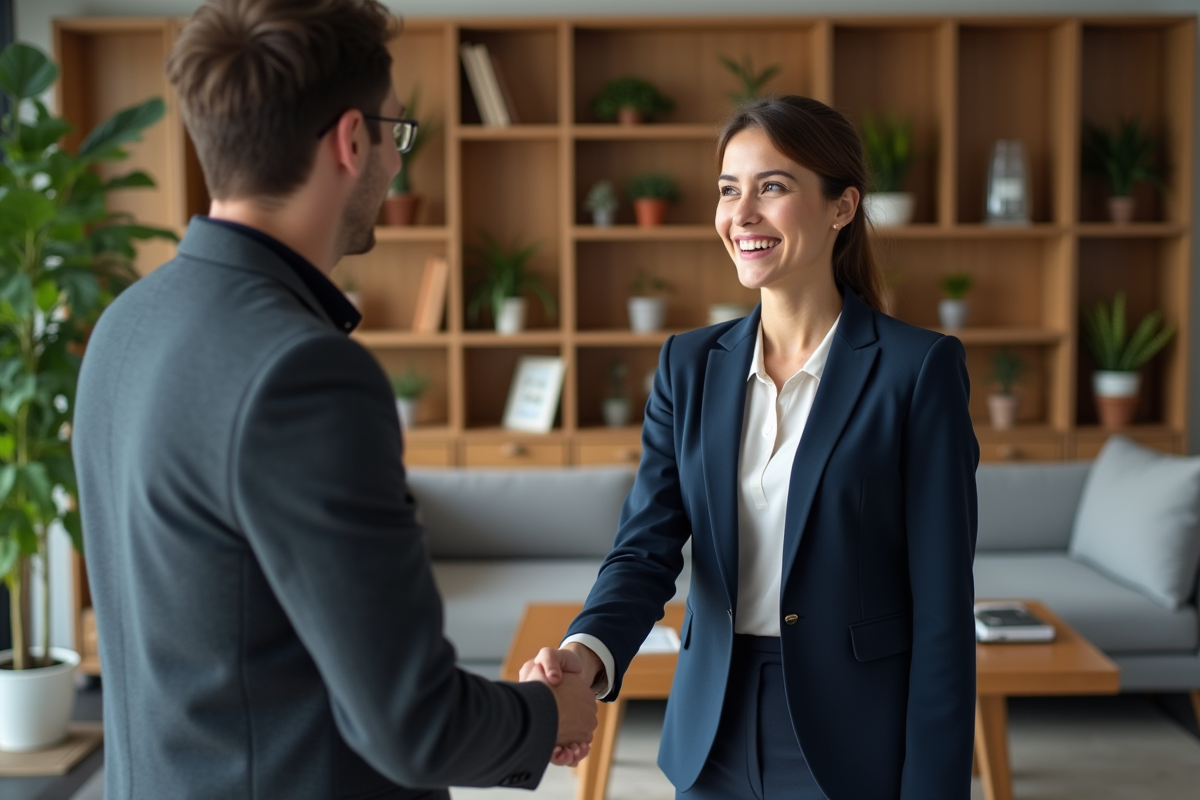 Manager RH serrant la main a un jeune collegue dans un espace convivial