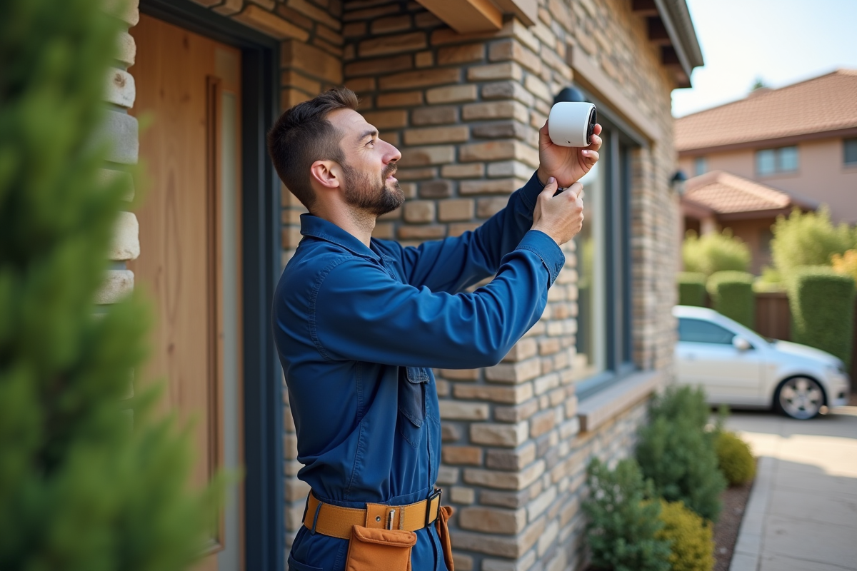 Technicien professionnel installant une caméra de sécurité extérieure