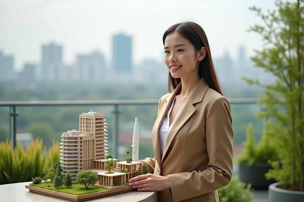 Jeune urbaniste avec maquette de ville durable sur un toit